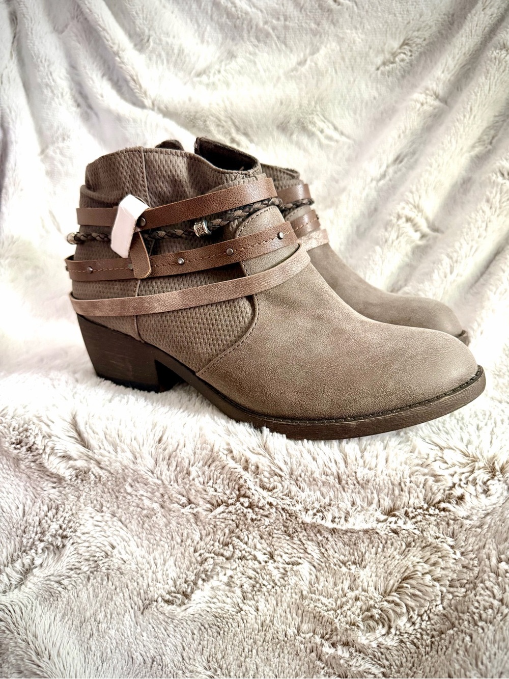 SO Taupe Ankle Booties with Decorative Wrap Straps